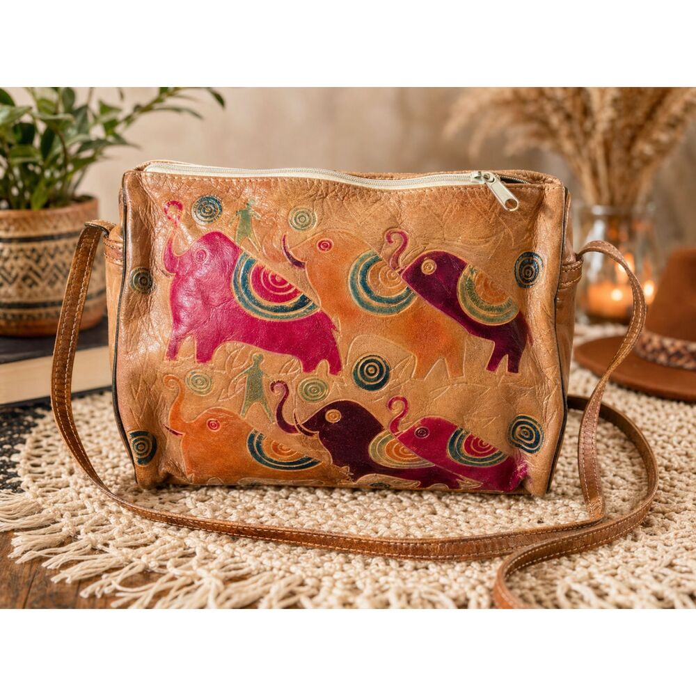 Vintage Leather Elephant Crossbody Bag Boho Artisan Handbag Tribal Print Purse